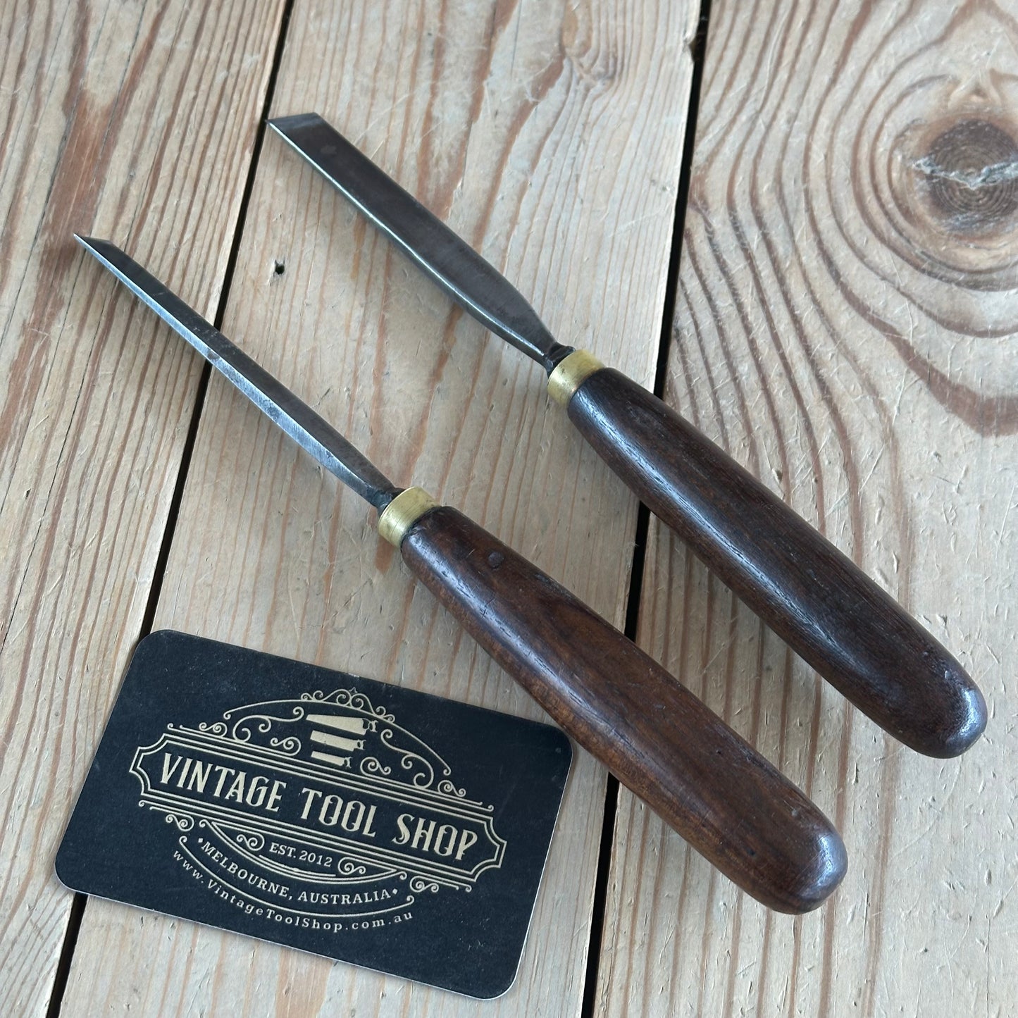 N907 RARE! Vintage pair of ROSEWOOD Handled Barker Bros of MELBOURNE SKEW Carving CHISELS