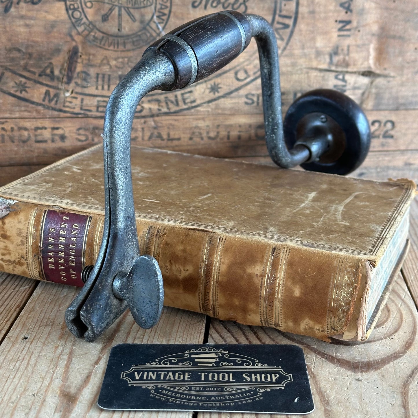 T2947 Antique JOHN FRAY 8” Pewter Ring Cocobolo Handled Drill BRACE