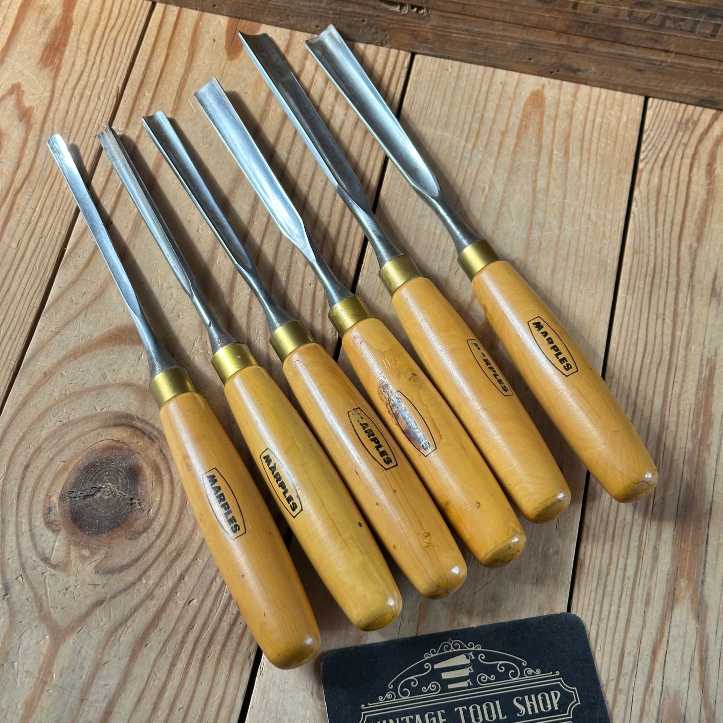 H2571 Vintage set of 6 MARPLES England Boxwood Handled Carving GOUGES CHISELS