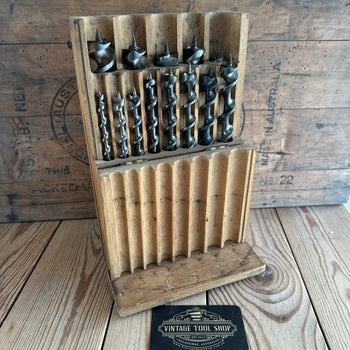 H1913 Vintage BOXED Set of 13 x IRWIN / Solid Center PATTERN wood drill BITS brace auger BIT set