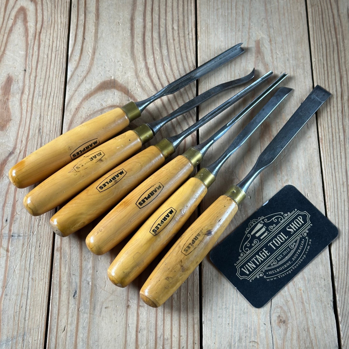 H2582 Vintage set of 6 MARPLES England Boxwood Handled Carving CHISELS including Skew & V-gouge