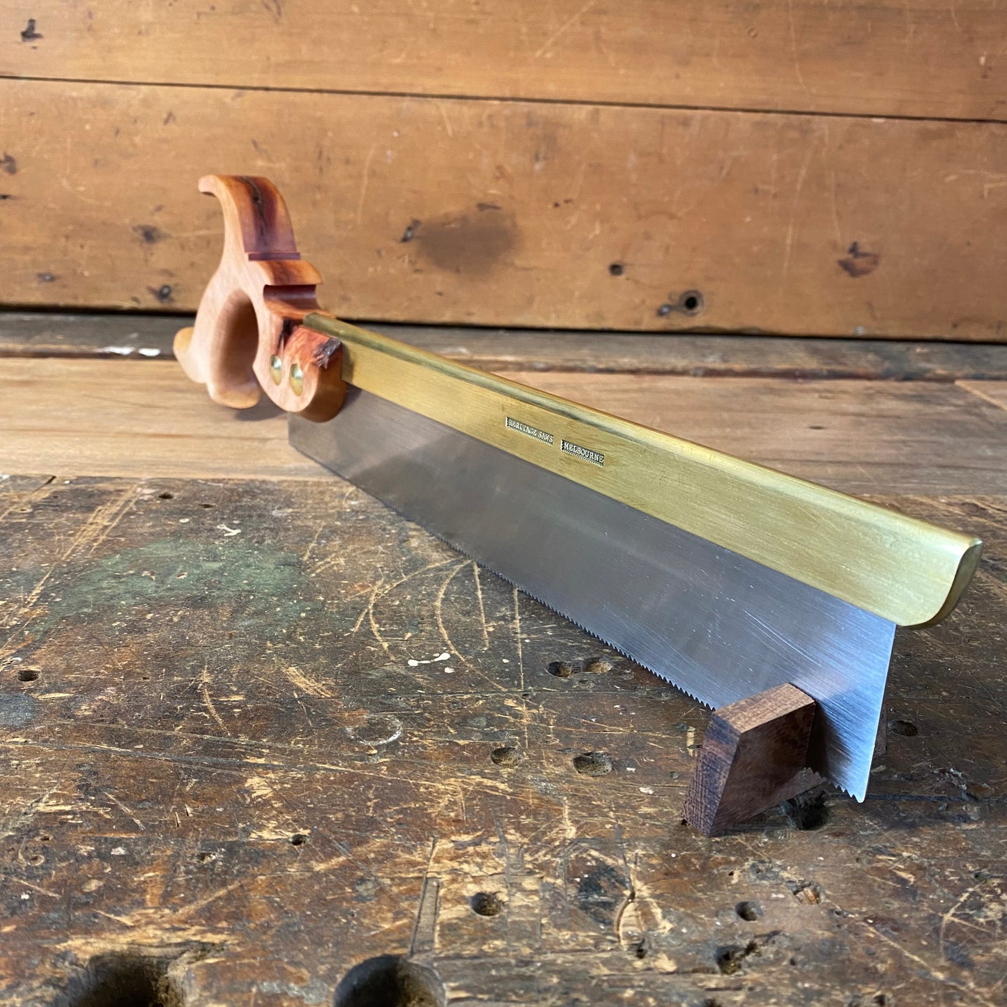 VHS200 LEFT HAND HERITAGE SAWS Custom 12” FITZROY model 14ppi rip DOVETAIL SAW with a SCARRED MYRTLE handle