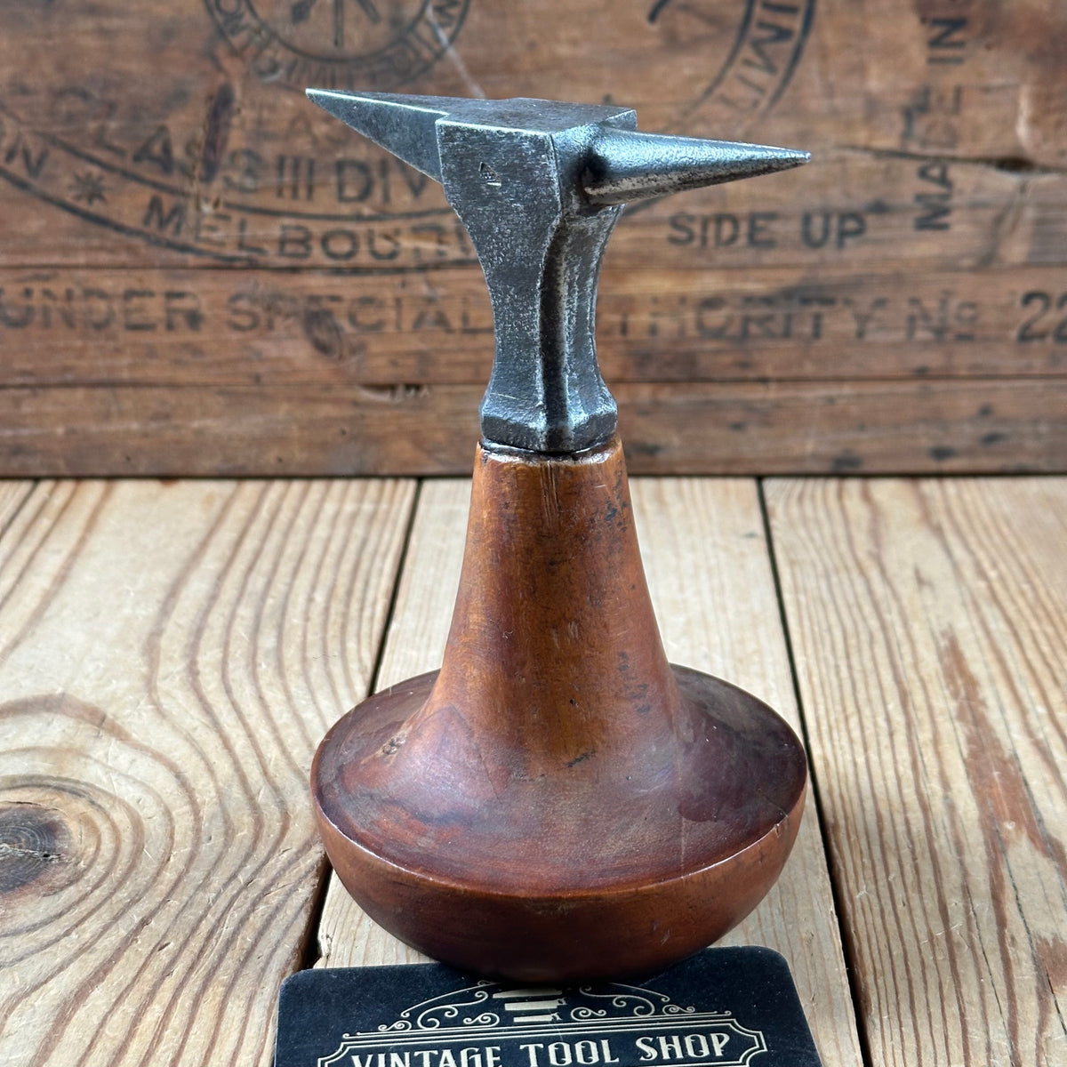 Y1301 CUTE! Antique small French JEWELLERS metalworking ANVIL on a wooden base