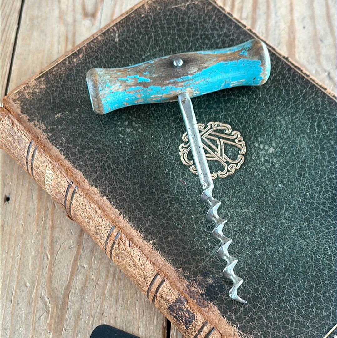 H879 Vintage Teal wooden handled BOTTLE OPENER CORKSCREW