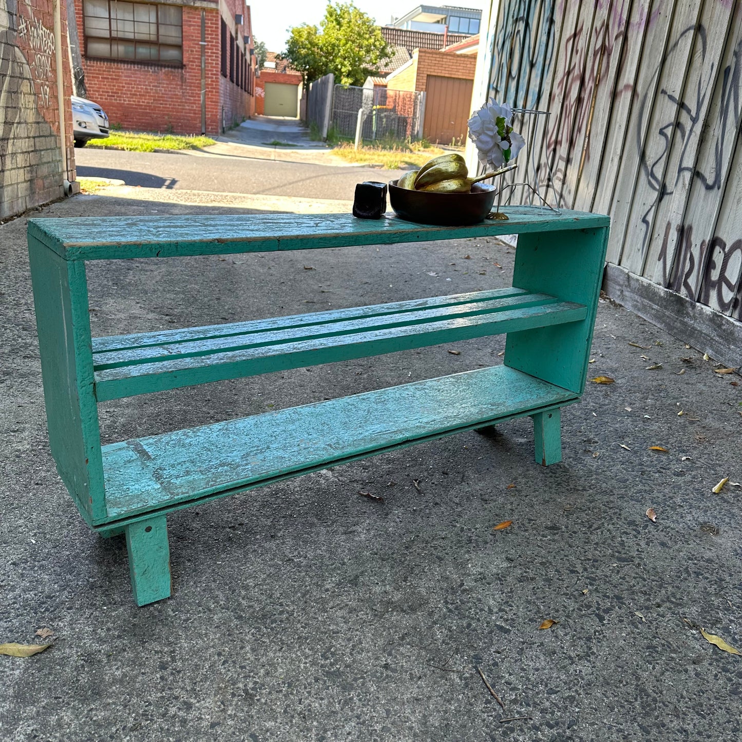 H2383 Vintage distressed shabby chic depression era GREEN Pine SHELVES