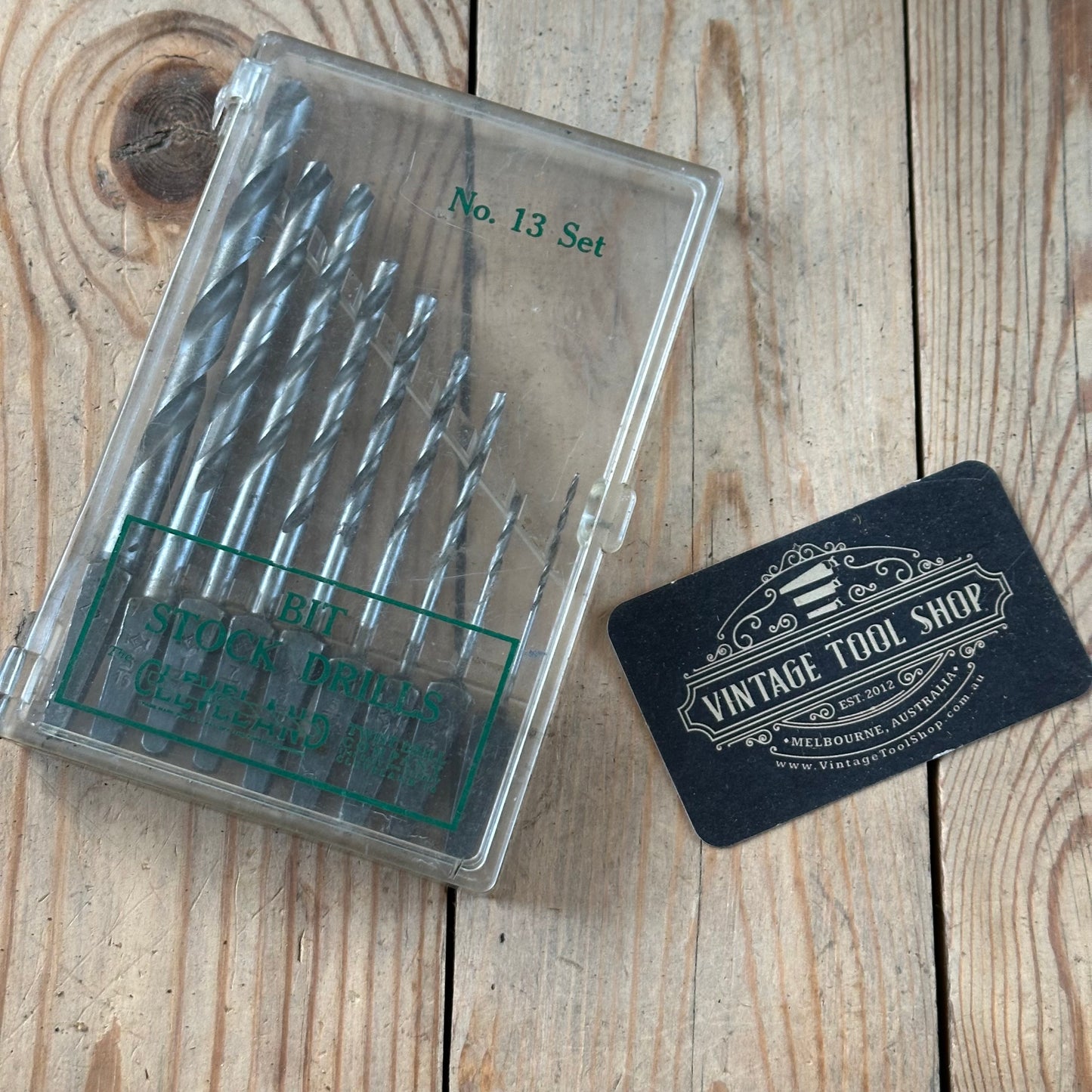 H2518 Vintage BOXED Set of 9 x CLEVELAND No:13 wood drill BITS brace BIT set
