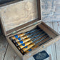 H2361 Vintage set of 6 x E.A. BERG Sweden wooden handled BEVEL CHISELS