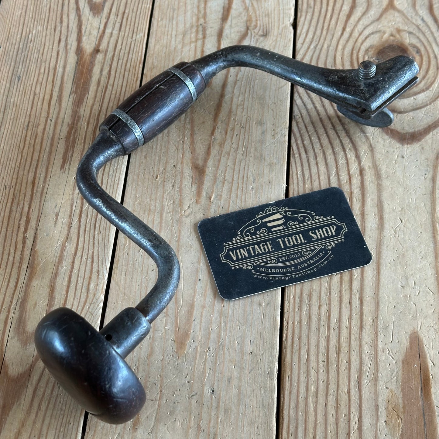 T2947 Antique JOHN FRAY 8” Pewter Ring Cocobolo Handled Drill BRACE