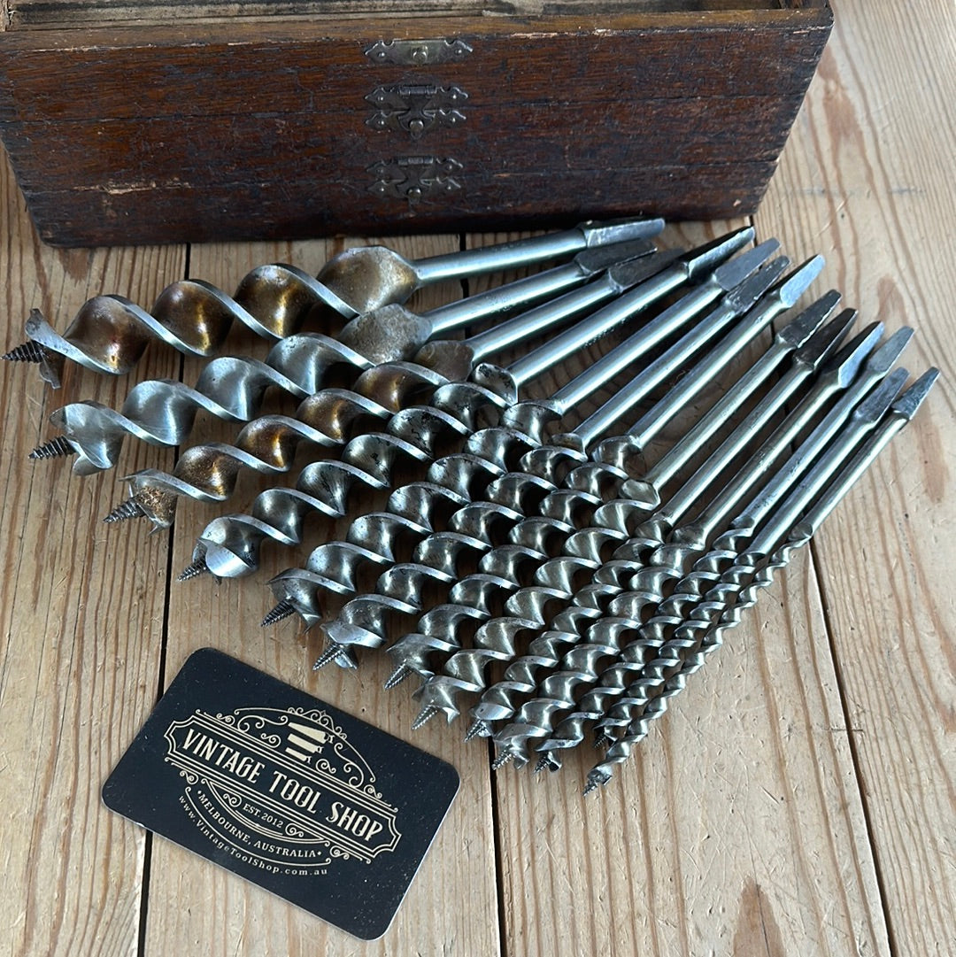 SOLD N1087 Vintage set of 13 AUGER BITS in wooden BOX