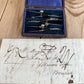 SOLD. H1954 Antique small fancy DRAFTING tools DRAWING SET in leather box & 1814 envelope-letter