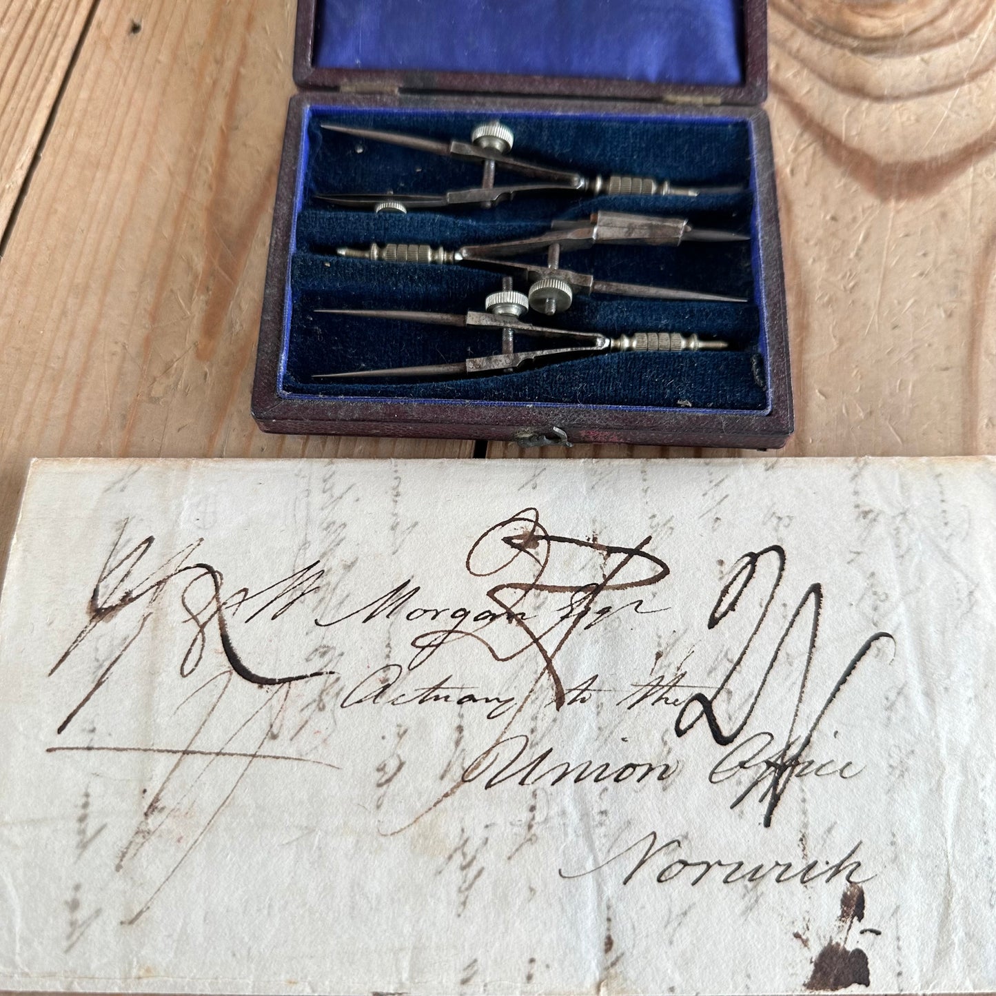SOLD. H1954 Antique small fancy DRAFTING tools DRAWING SET in leather box & 1814 envelope-letter