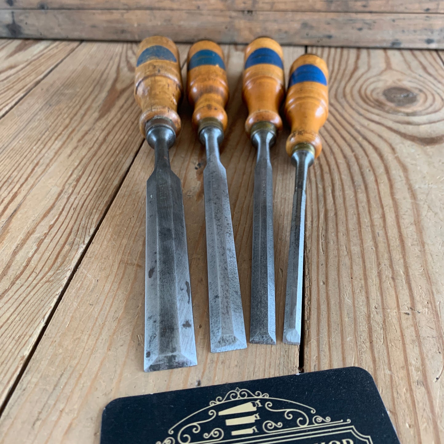 SOLD T10064 Vintage set of 4 E.A. BERG Sweden wooden handle BEVEL CHISELS