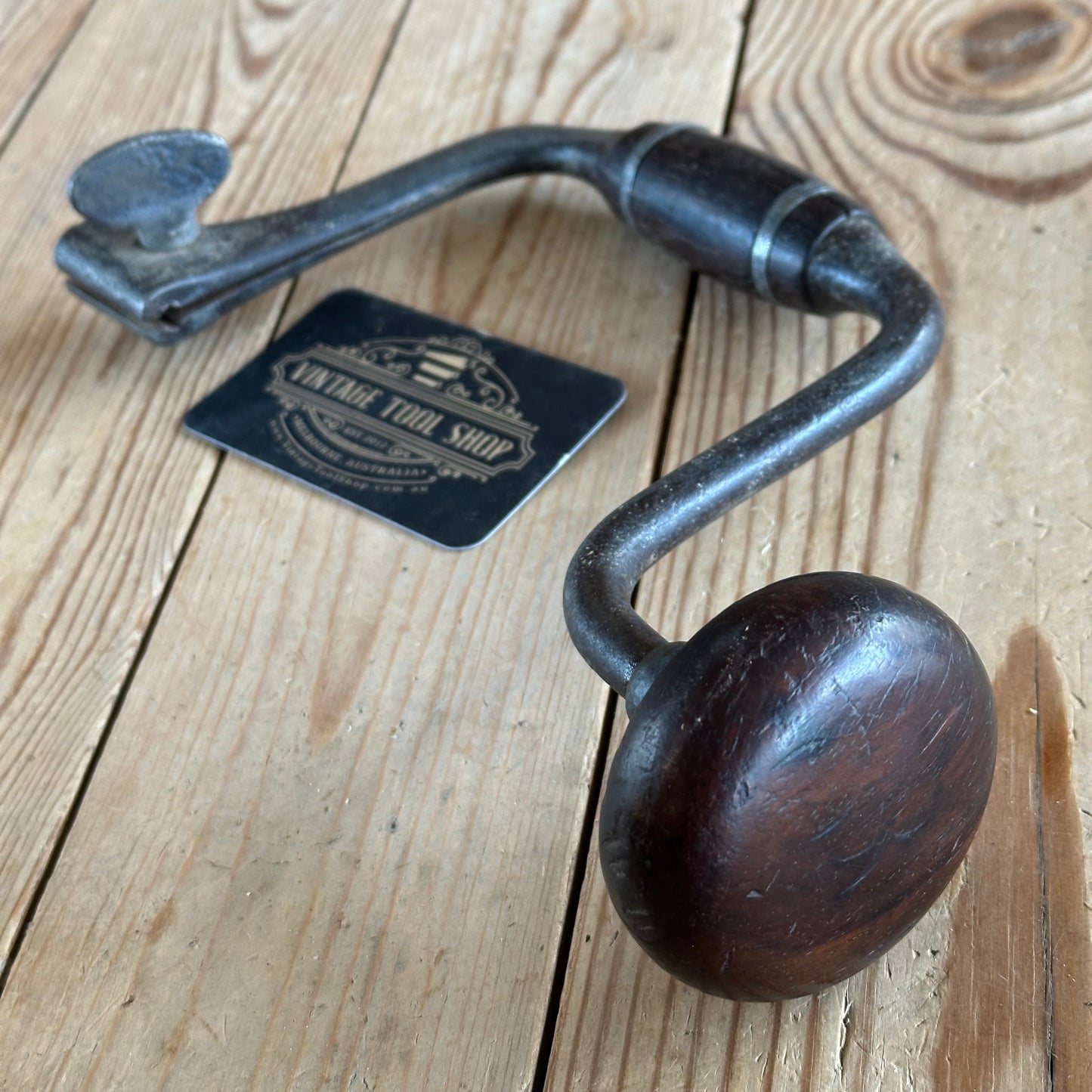 T2947 Antique JOHN FRAY 8” Pewter Ring Cocobolo Handled Drill BRACE