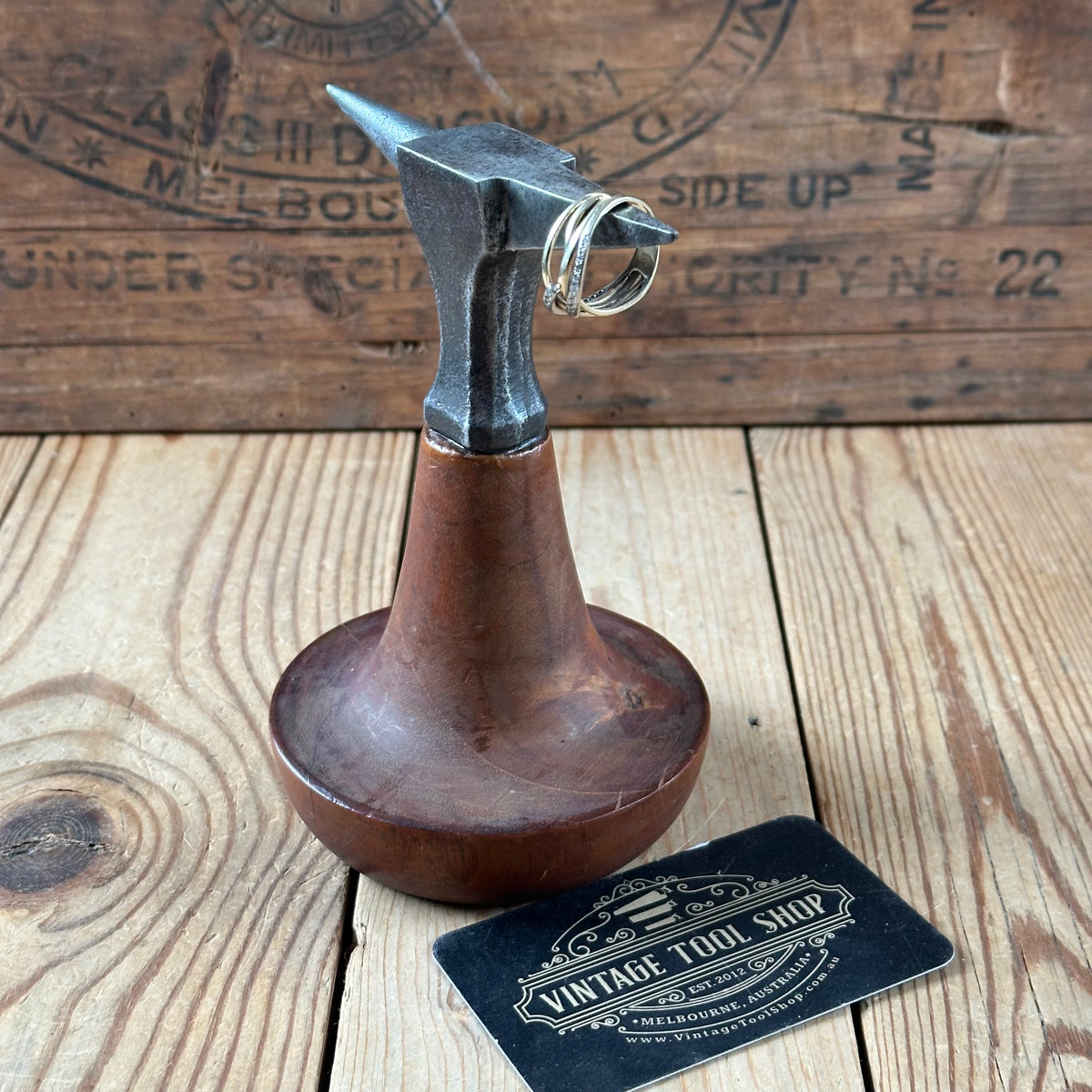 Y1301 CUTE! Antique small French JEWELLERS metalworking ANVIL on a wooden base