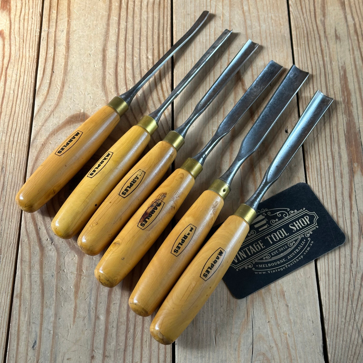 H2571 Vintage set of 6 MARPLES England Boxwood Handled Carving GOUGES CHISELS