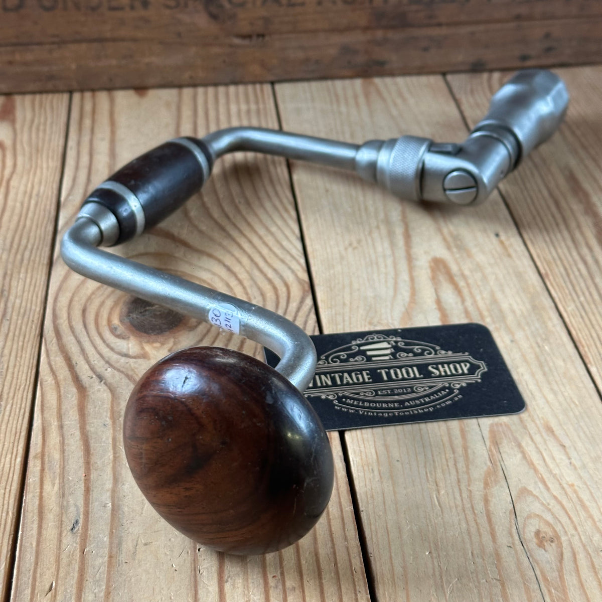 H2113 SCARCE! Antique JOHN S FRAY No:102 BRACE Brace with Pewter inlaid COCOBOLO handles