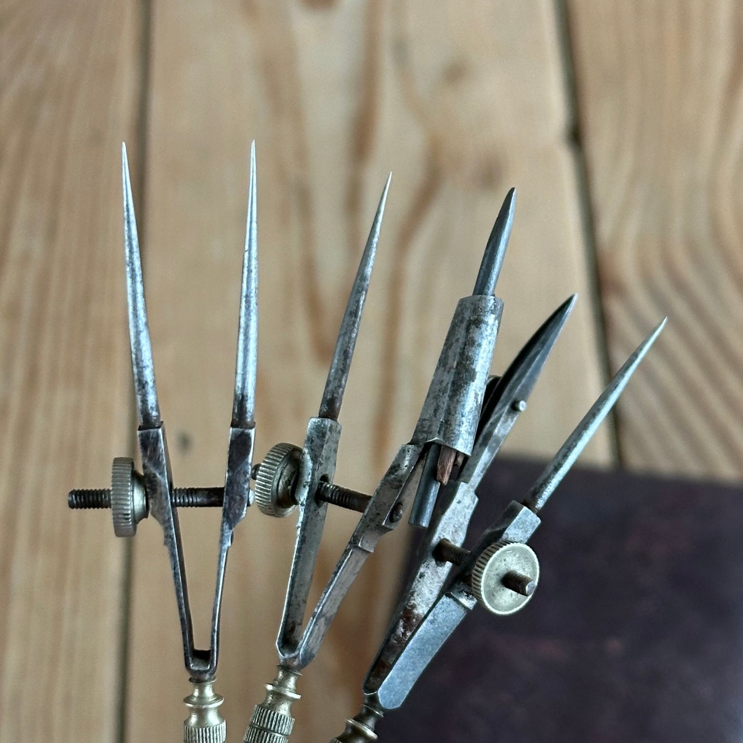 SOLD. H1954 Antique small fancy DRAFTING tools DRAWING SET in leather box & 1814 envelope-letter