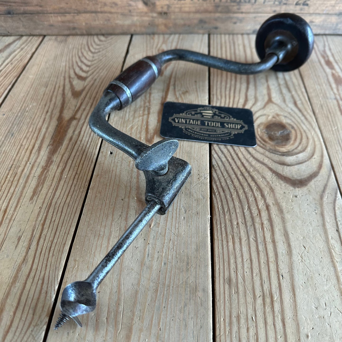 T2947 Antique JOHN FRAY 8” Pewter Ring Cocobolo Handled Drill BRACE