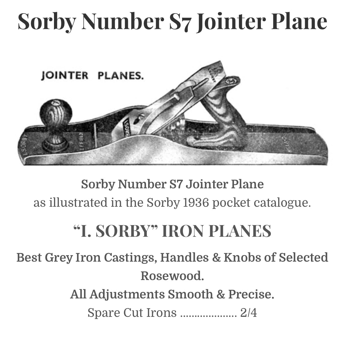 SOLD. N865 SCARCE! Vintage I.SORBY S7 England jointer PLANE
