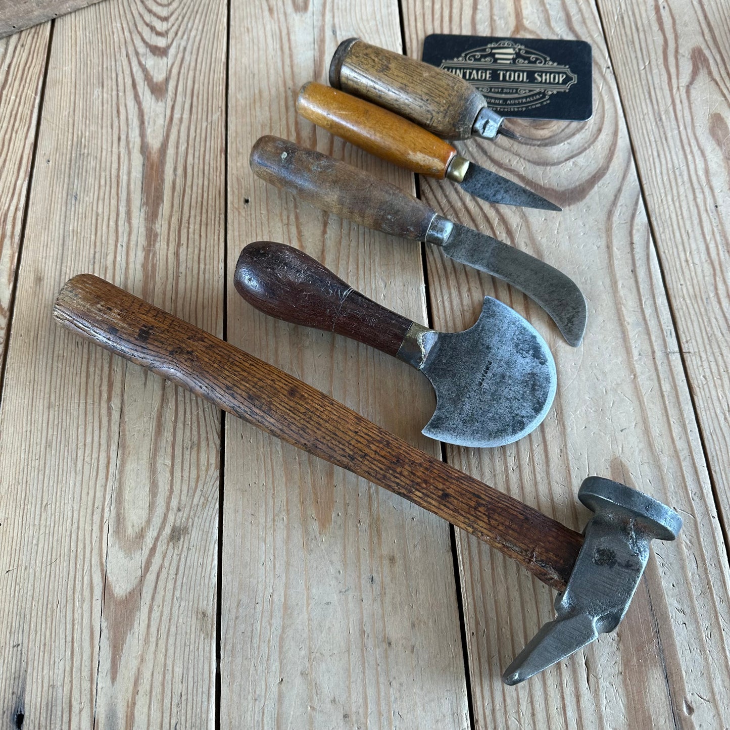 SOLD. H2240 Vintage set of 5 leather work TOOLS cobblers hammer awl knife 1/2 moon