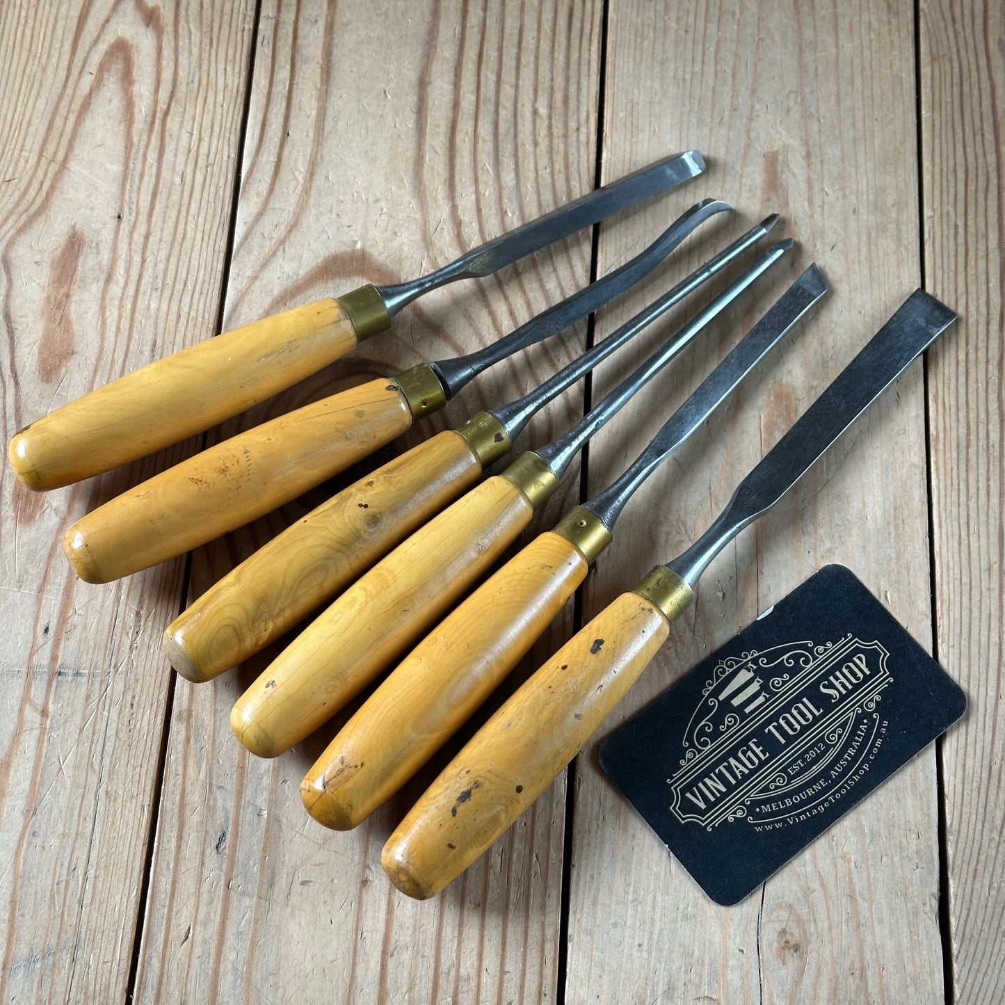H2582 Vintage set of 6 MARPLES England Boxwood Handled Carving CHISELS including Skew & V-gouge