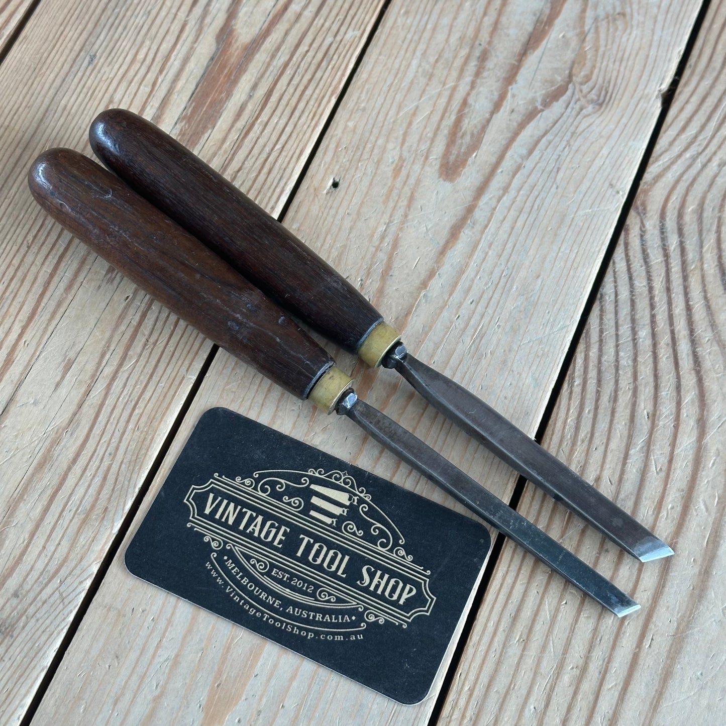 N907 RARE! Vintage pair of ROSEWOOD Handled Barker Bros of MELBOURNE SKEW Carving CHISELS