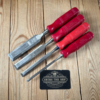 N1854 Vintage set of 4 NOOITGEDAGT Holland red resin handle BEVEL CHISELS