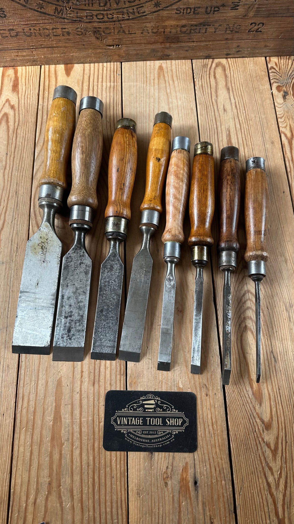 N1818 Vintage set of 8 x TITAN AUSTRALIA No:101 Registered Firmer CHISELS