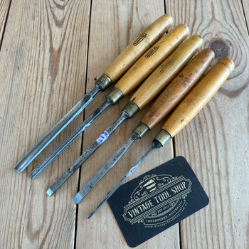 T9438 Vintage set of 5 x MARPLES woodcarving CARVING Vee GOUGES & chisels BOXWOOD Handles