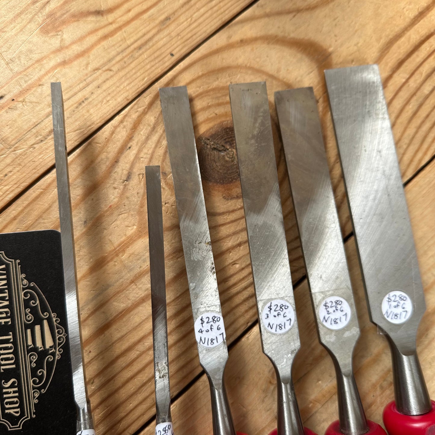 N1817 AWESOME! Vintage set of 6 NOOITGEDAGT Holland red resin handle BEVEL CHISELS