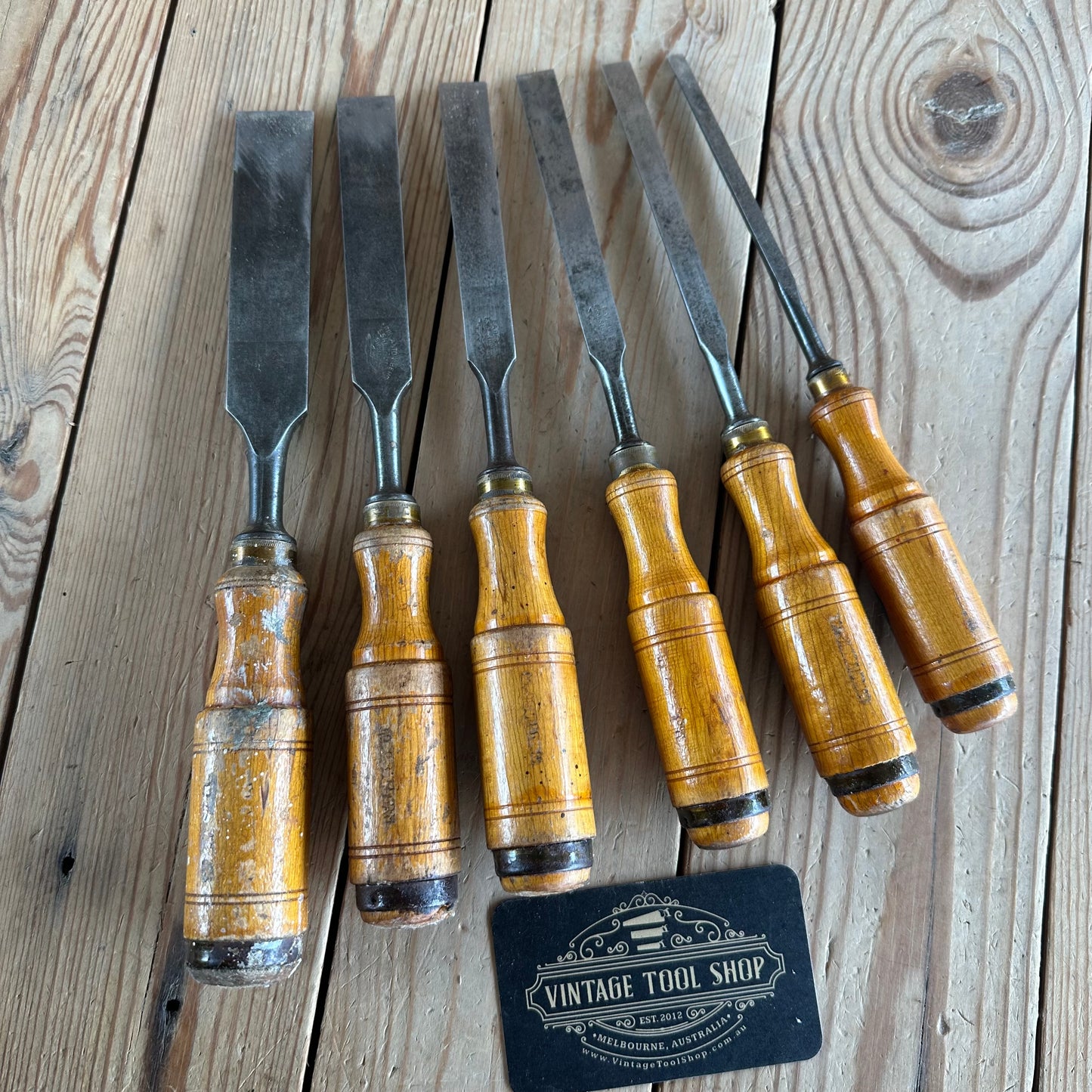 H2361 Vintage set of 6 x E.A. BERG Sweden wooden handled BEVEL CHISELS
