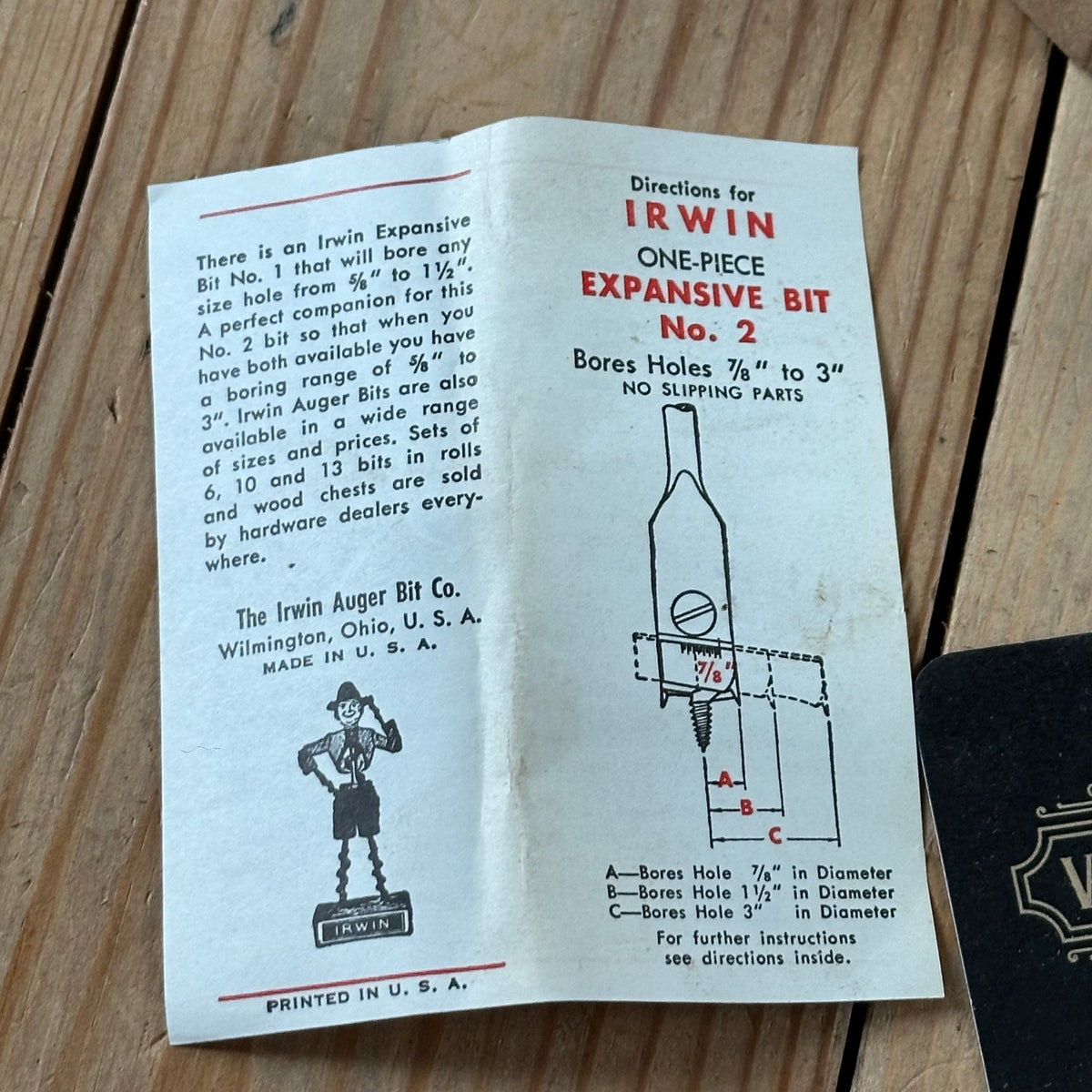 N1834 NEW OLD STOCK! Vintage IRWIN USA No.2 expansive DRILL BIT IOB
