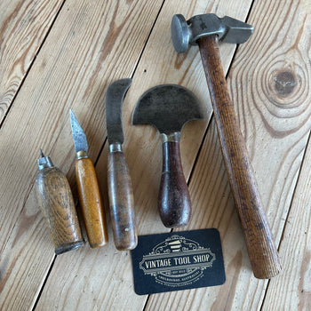 SOLD. H2240 Vintage set of 5 leather work TOOLS cobblers hammer awl knife 1/2 moon