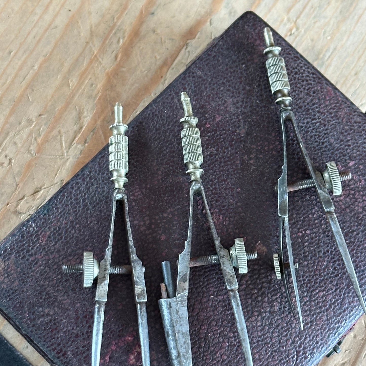 SOLD. H1954 Antique small fancy DRAFTING tools DRAWING SET in leather box & 1814 envelope-letter