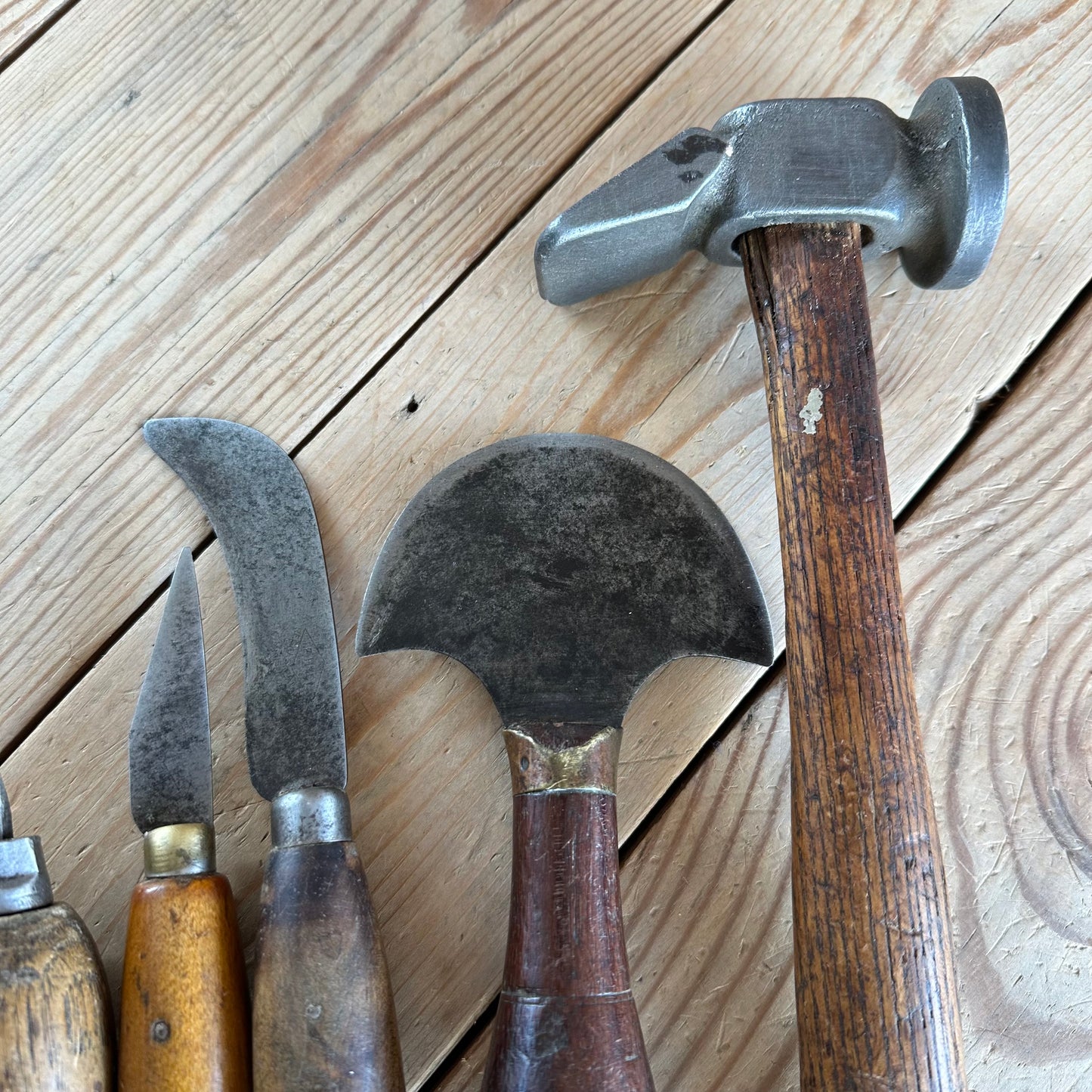 SOLD. H2240 Vintage set of 5 leather work TOOLS cobblers hammer awl knife 1/2 moon