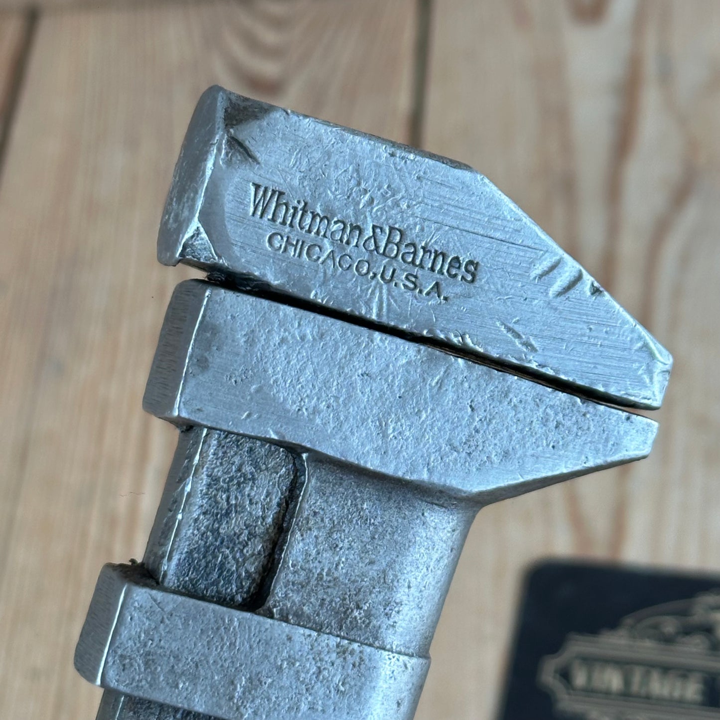 H2367 Vintage WHITMAN & BARNES USA Adjustable 8” WRENCH wooden handle