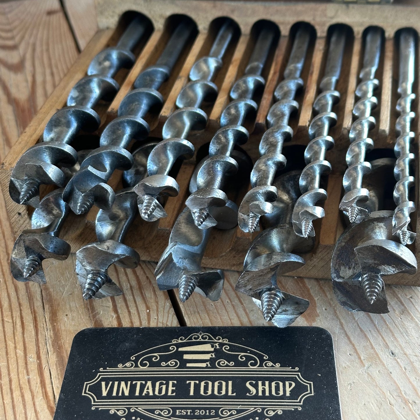 H1913 Vintage BOXED Set of 13 x IRWIN / Solid Center PATTERN wood drill BITS brace auger BIT set