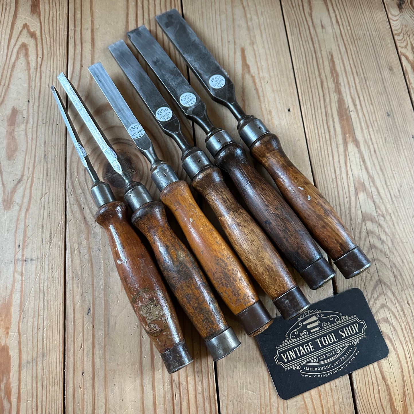 H2459 ICONIC! Vintage set of 6 x TITAN AUSTRALIA No:101 Registered Firmer CHISELS