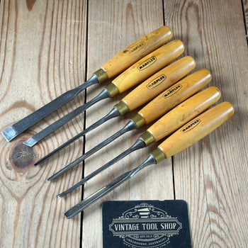 SOLD. H2582 Vintage set of 6 MARPLES England Boxwood Handled Carving CHISELS including Skew & V-gouge