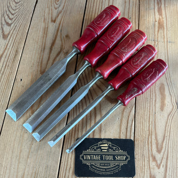 SOLD H1161 Vintage set of SWEDISH E.A. BERG red resin handle BEVEL CHISELS