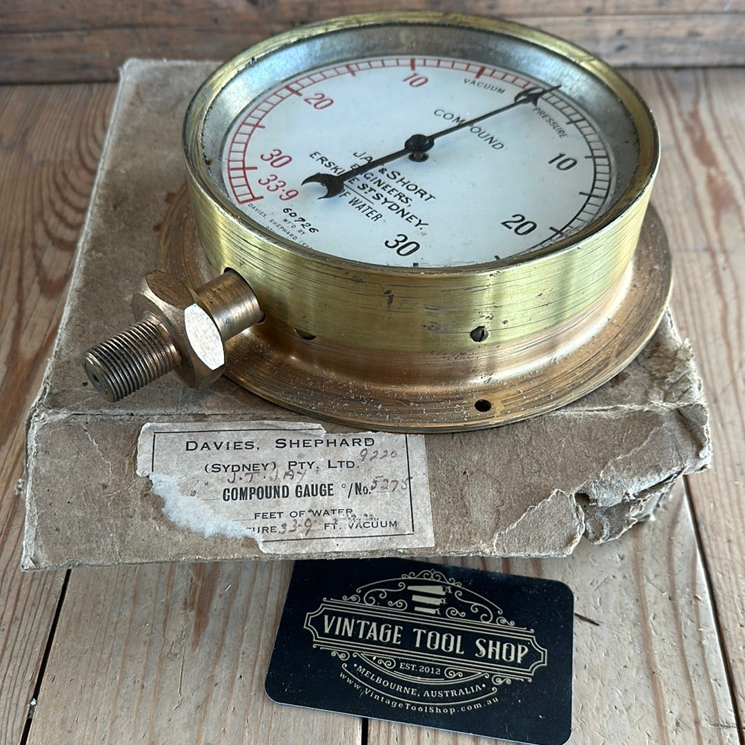 H1130 Vintage Davies, Shephard SYDNEY co COMPOUND VACUUM & PRESSURE water GAUGE DISPLAY