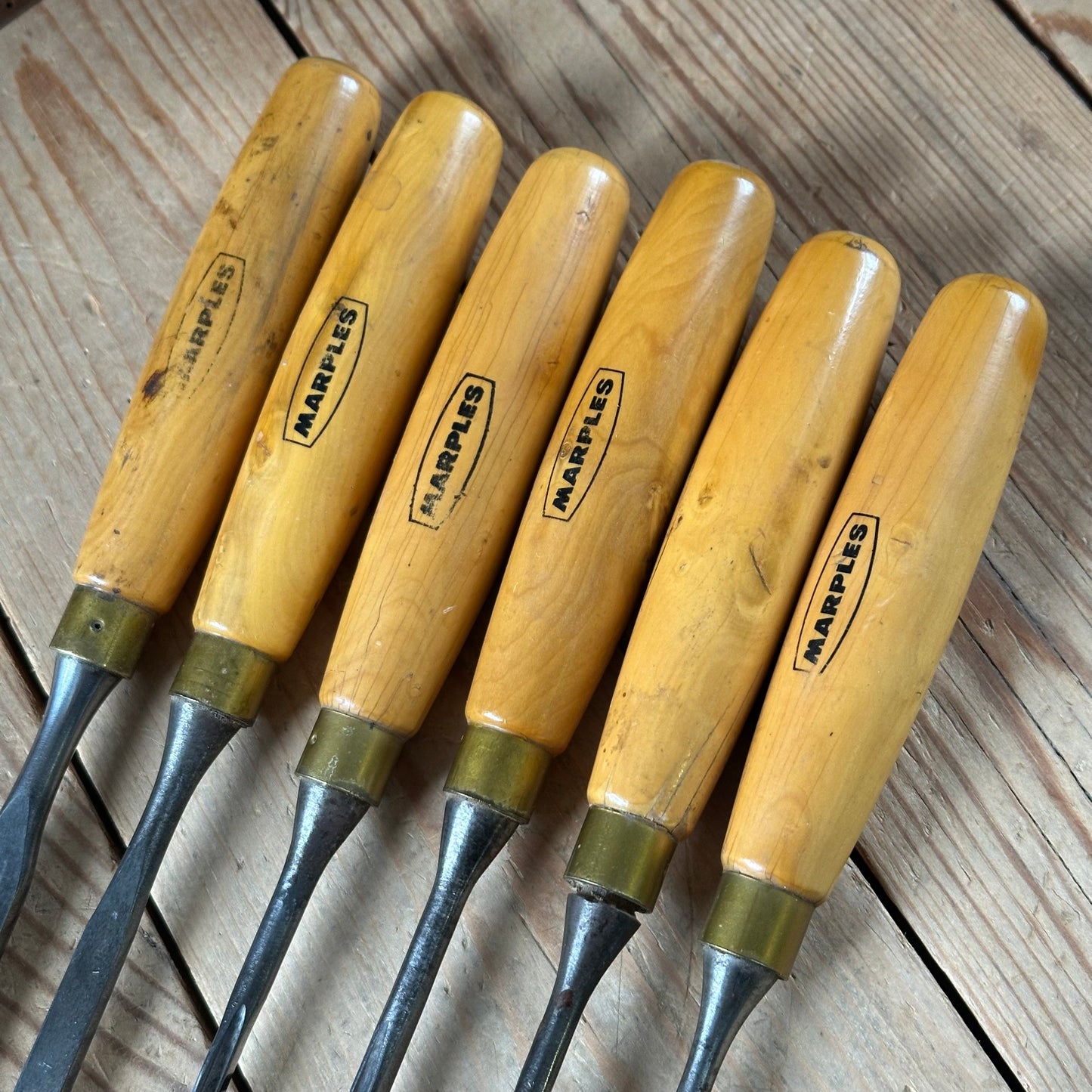 H2582 Vintage set of 6 MARPLES England Boxwood Handled Carving CHISELS including Skew & V-gouge