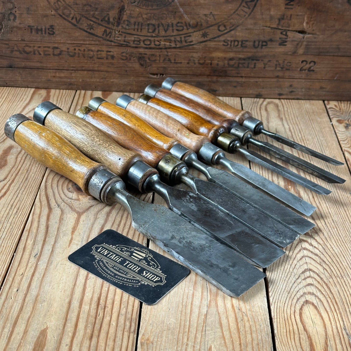 N1818 Vintage set of 8 x TITAN AUSTRALIA No:101 Registered Firmer CHISELS