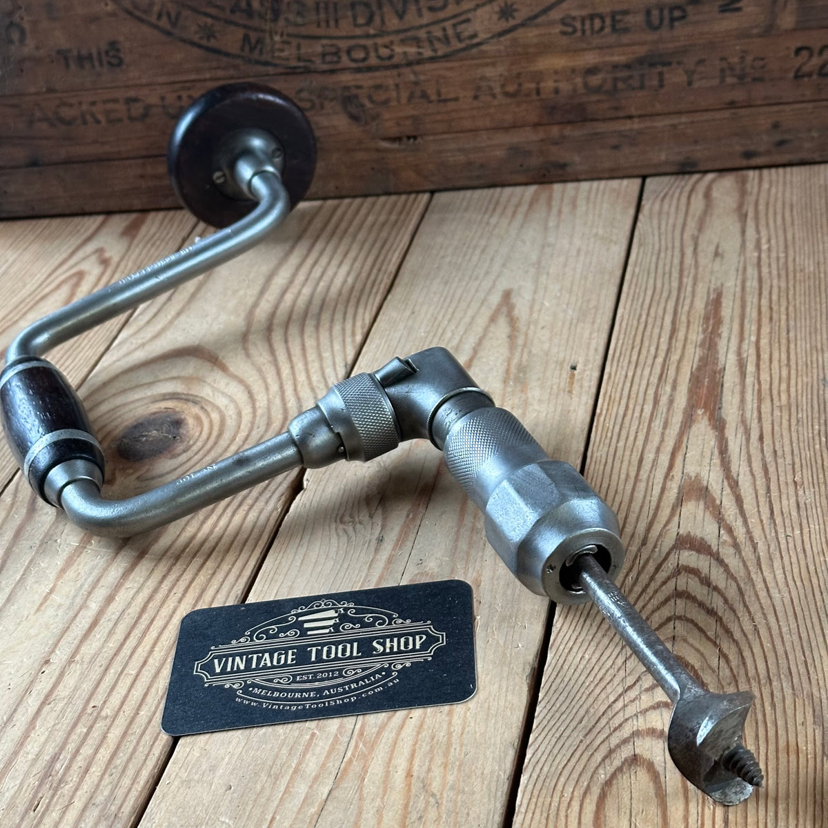 H2113 SCARCE! Antique JOHN S FRAY No:102 BRACE Brace with Pewter inlaid COCOBOLO handles
