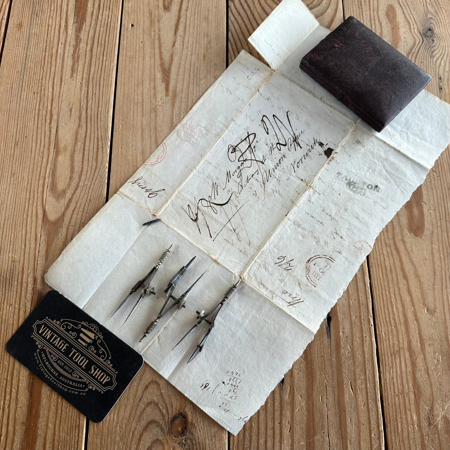 SOLD. H1954 Antique small fancy DRAFTING tools DRAWING SET in leather box & 1814 envelope-letter