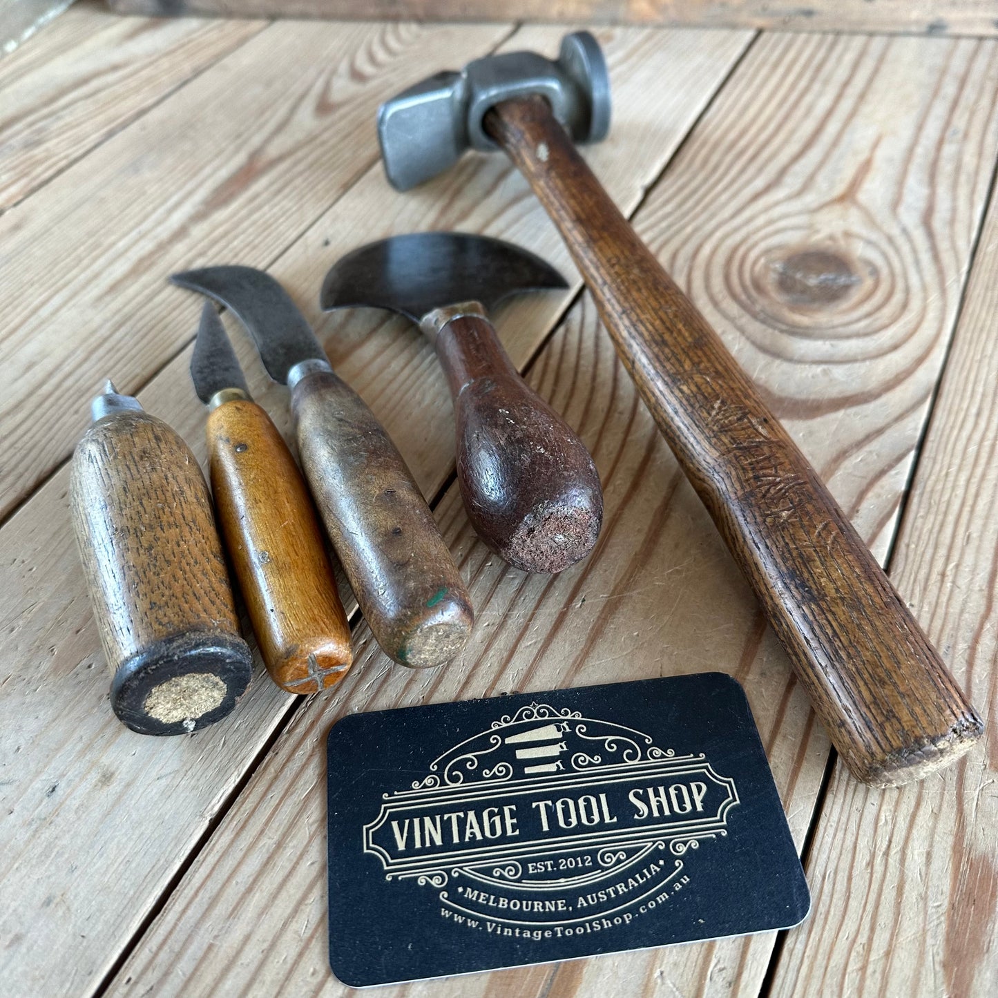 SOLD. H2240 Vintage set of 5 leather work TOOLS cobblers hammer awl knife 1/2 moon