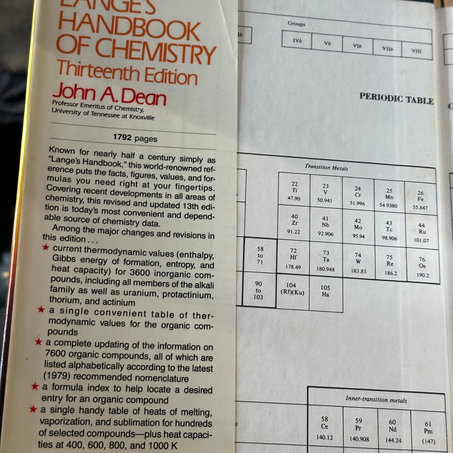 XBN65 Vintage 1985 BOOK Lange's Handbook of CHEMISTRY by J.A.Dean