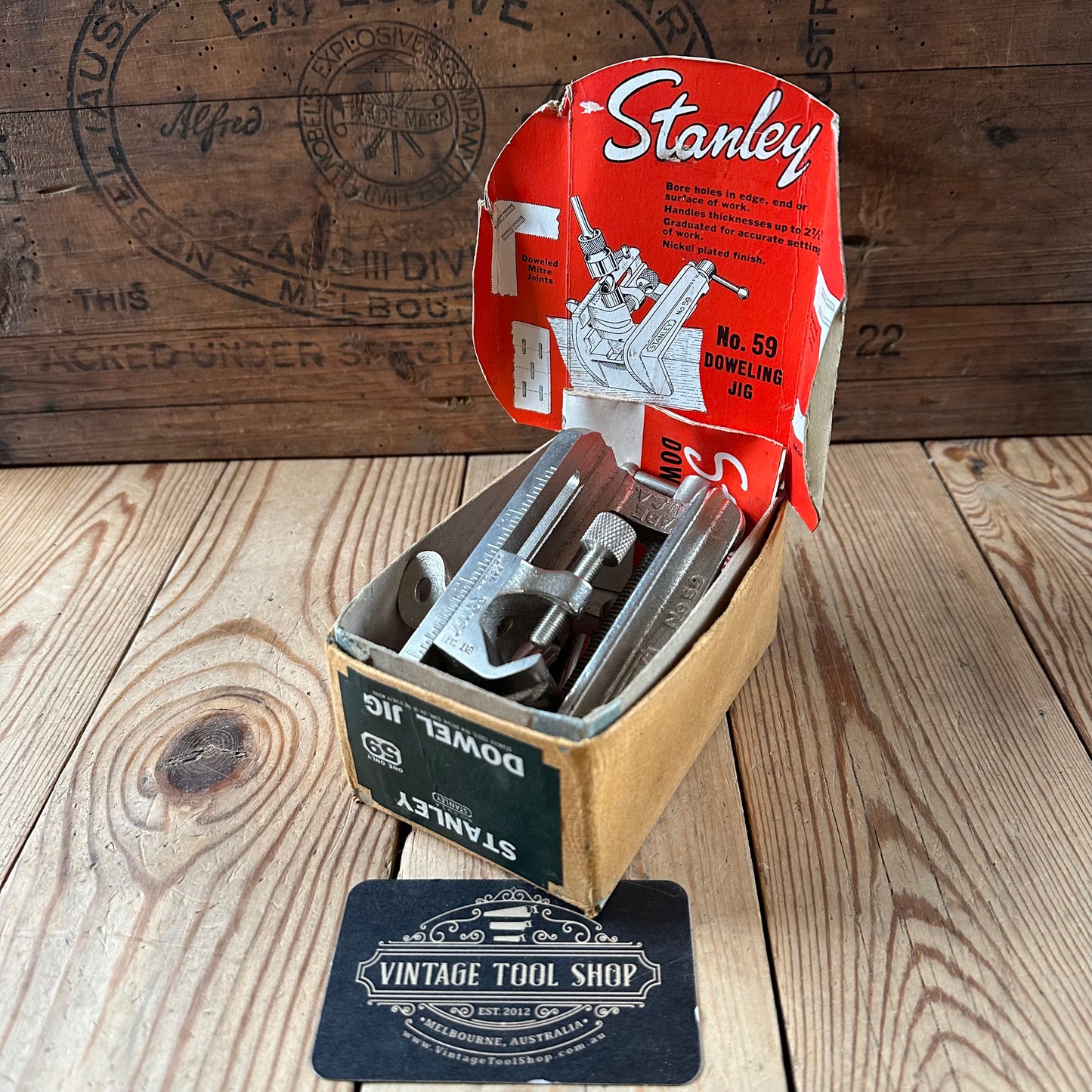 H2497 Vintage STANLEY USA No.59 Dowelling JIG with instructions & display box IOB
