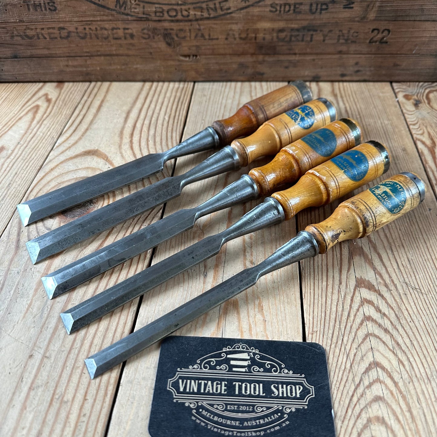 H2523 Vintage set of 5 x SWEDISH E.A. BERG Birch handled socketed BEVEL CHISELS