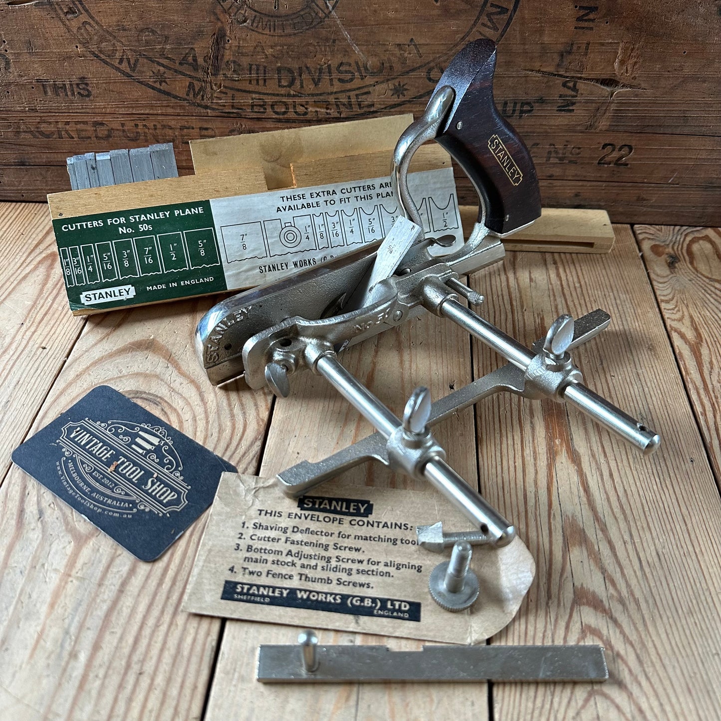 H2492 Vintage STANLEY England No.50S plough PLANE with cutters IOB